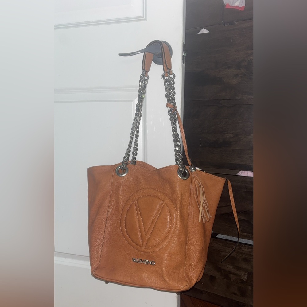 Valentino Tan Leather Tote with Chain Strap